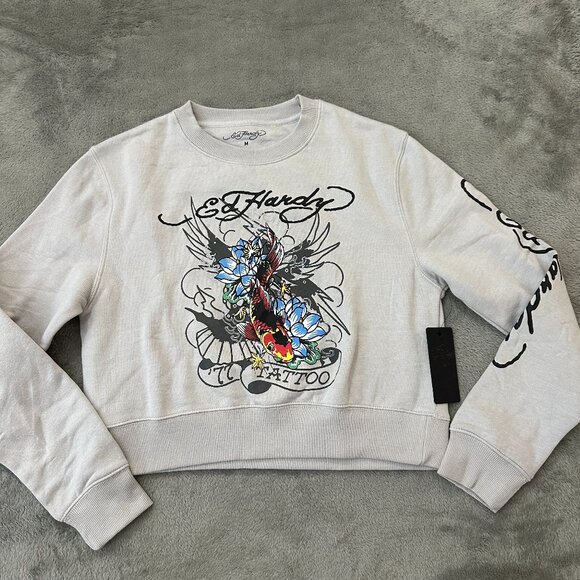 NWT Ed Hardy Tattoo Cropped Sweatshirt Gray Women's MEDIUM - Picture 1 of 7